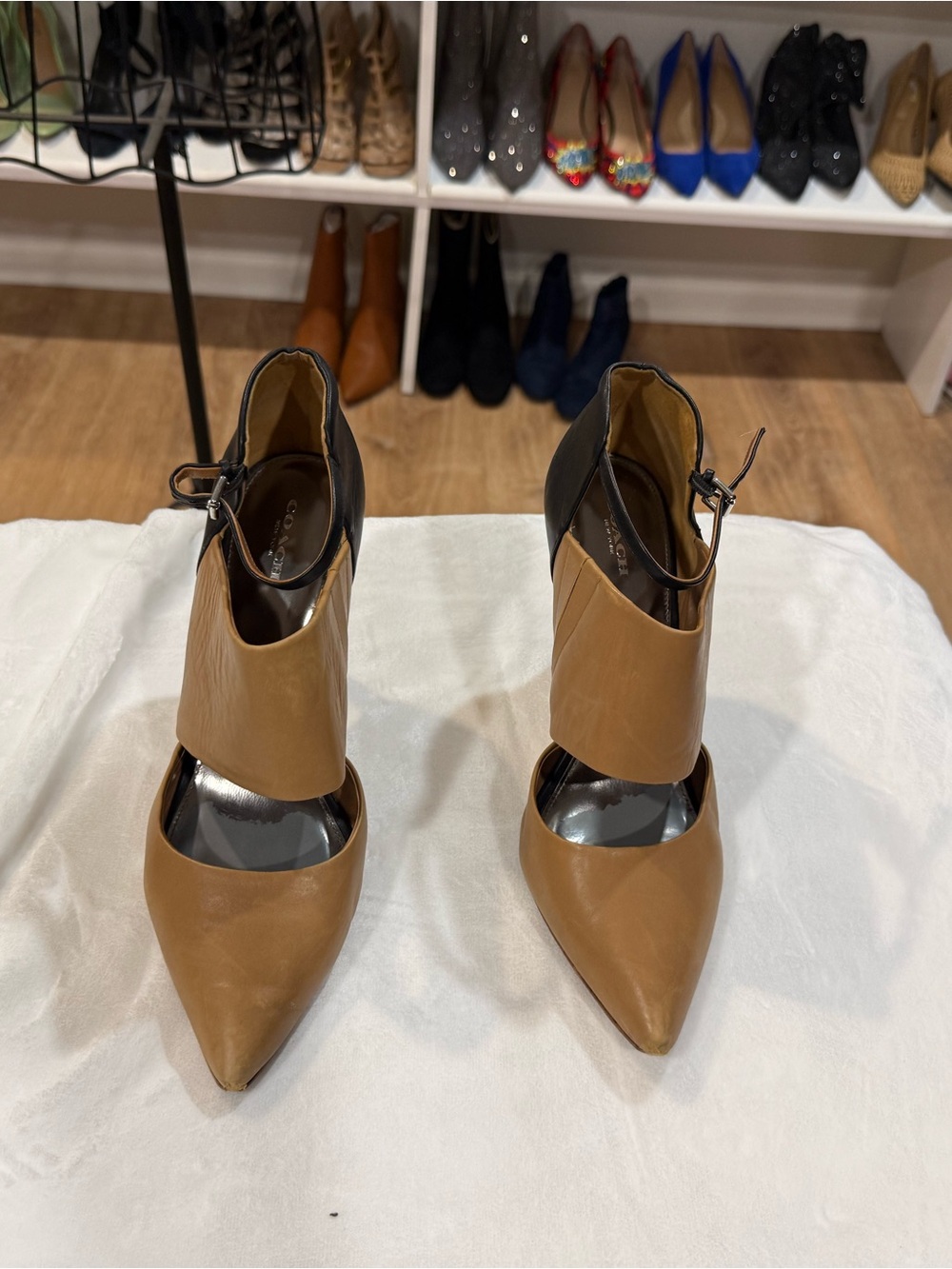 Coach Tan and Black Pointed Ankle-Strap Pumps